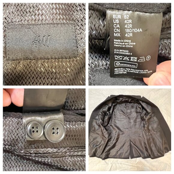 H&M Mens Slim Fit Black Blazer Size 42R 2-Button Closure Notch Lapel Career - Picture 11 of 16